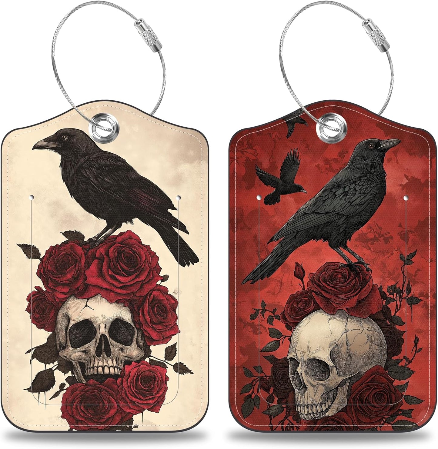 2 Pcs Raven on Rose Skull Luggage Tags for Suitcases PU Leather Baggage Tags Name ID Label with Privacy Cover and Stainless Steel Loop for Men Women Travel Bag Suitcase