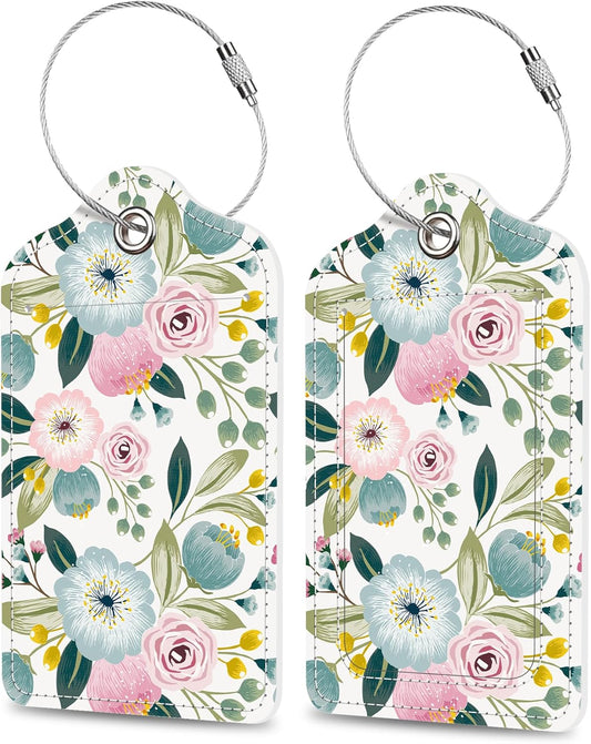Spring Flowers Luggage Tags 2PCS PU Leather Suitcases Tag with Stainless Steel Loop and Privacy Name Address Cover Label Card for Women Men Travel