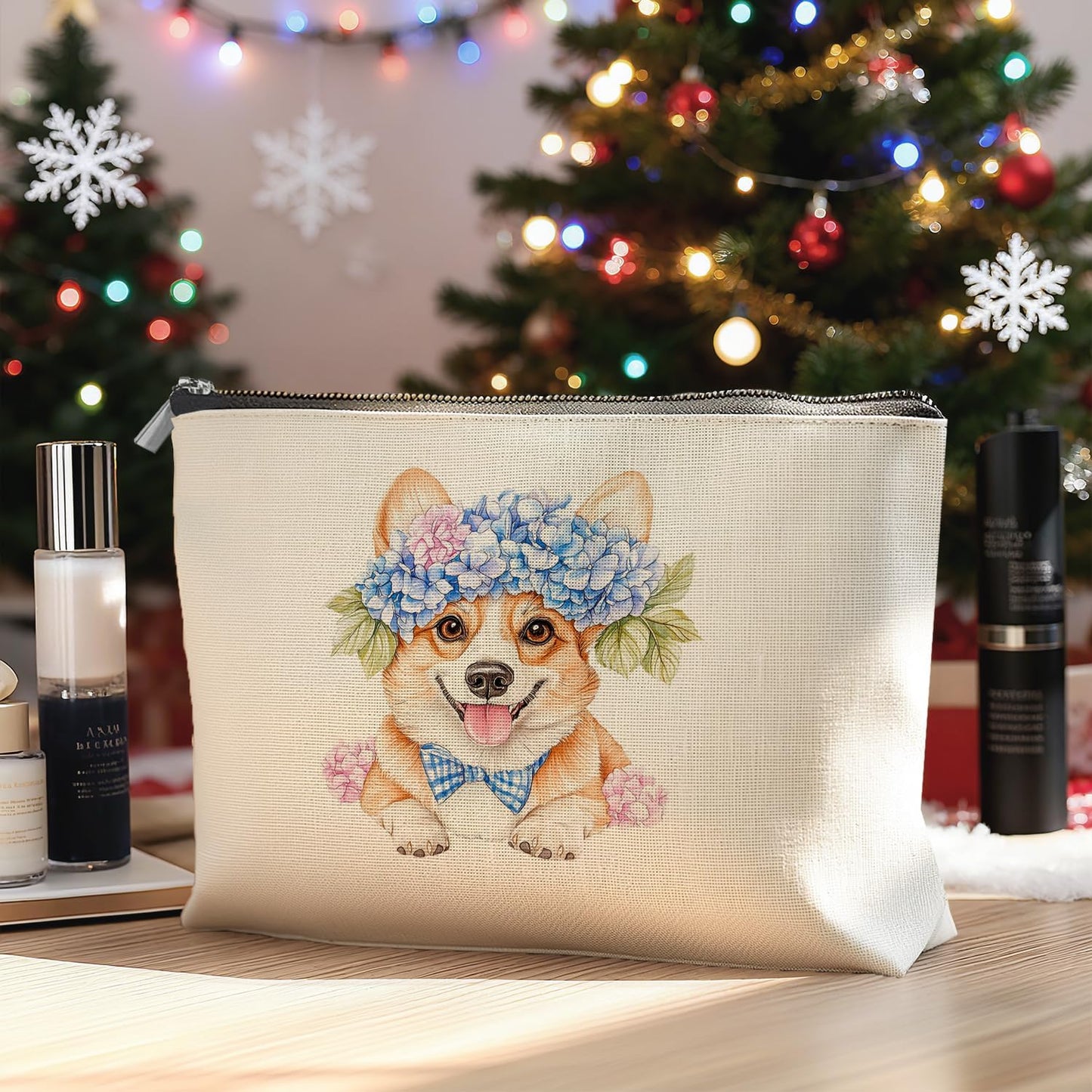 Blue Hydrangea Corgi Makeup Bag Gifts for Women, Corgi Lovers Gifts Cosmetic Bag, Cottagecore Chinoiserie Floral Corgy Dog Zipper Makeup Pouch Travel Toiletry Bags