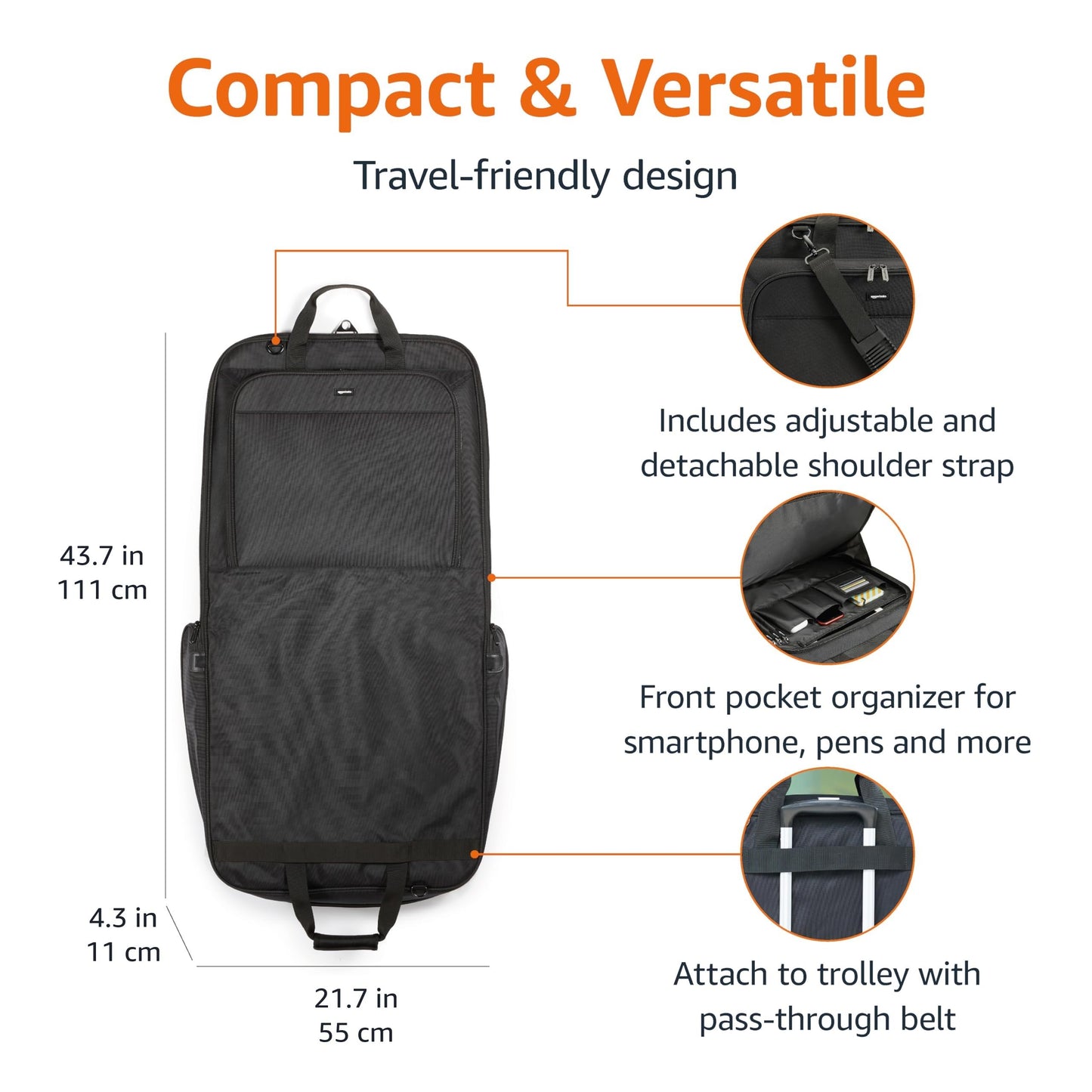 Amazon Basics 43" Travel Garment Bag Travel, Spacious Suit Bag with Detachable Shoulder Strap