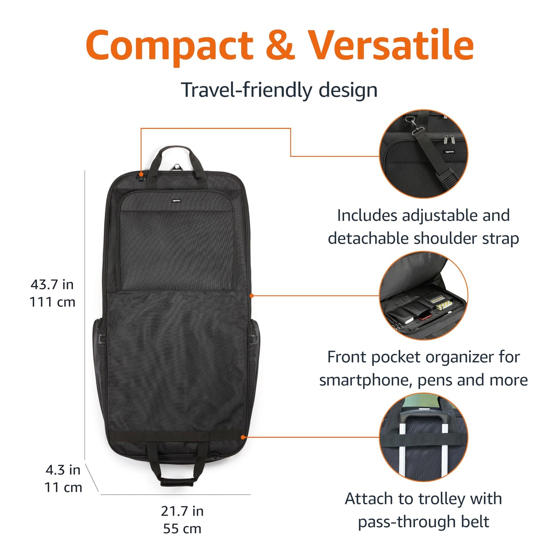 Amazon Basics 43" Travel Garment Bag Travel, Spacious Suit Bag with Detachable Shoulder Strap