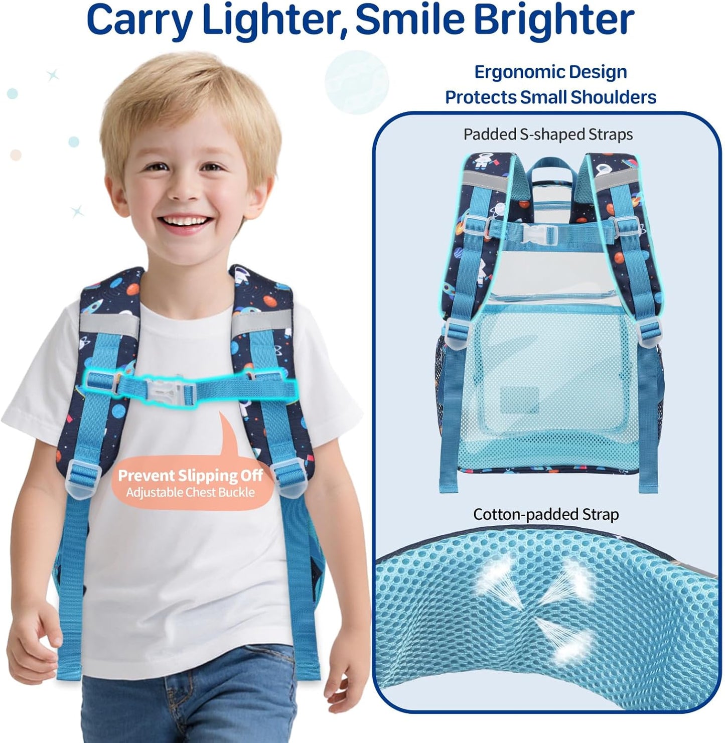 Bagseri 3pcs Clear Backpack for Boys - 15 Inch Backpack and Lunch Bag and Pencil Case Set, Heavy Duty Transparent Bookbag for School, See Through Bag for Kids Aged 3 to 8, Navy Space