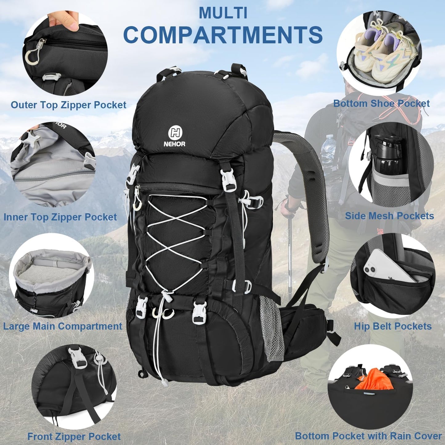 60L Hiking Backpack Water Resistant Camping Backpack with Rain Cover Large Outdoor Travel Daypack for Men Women (01-Black)