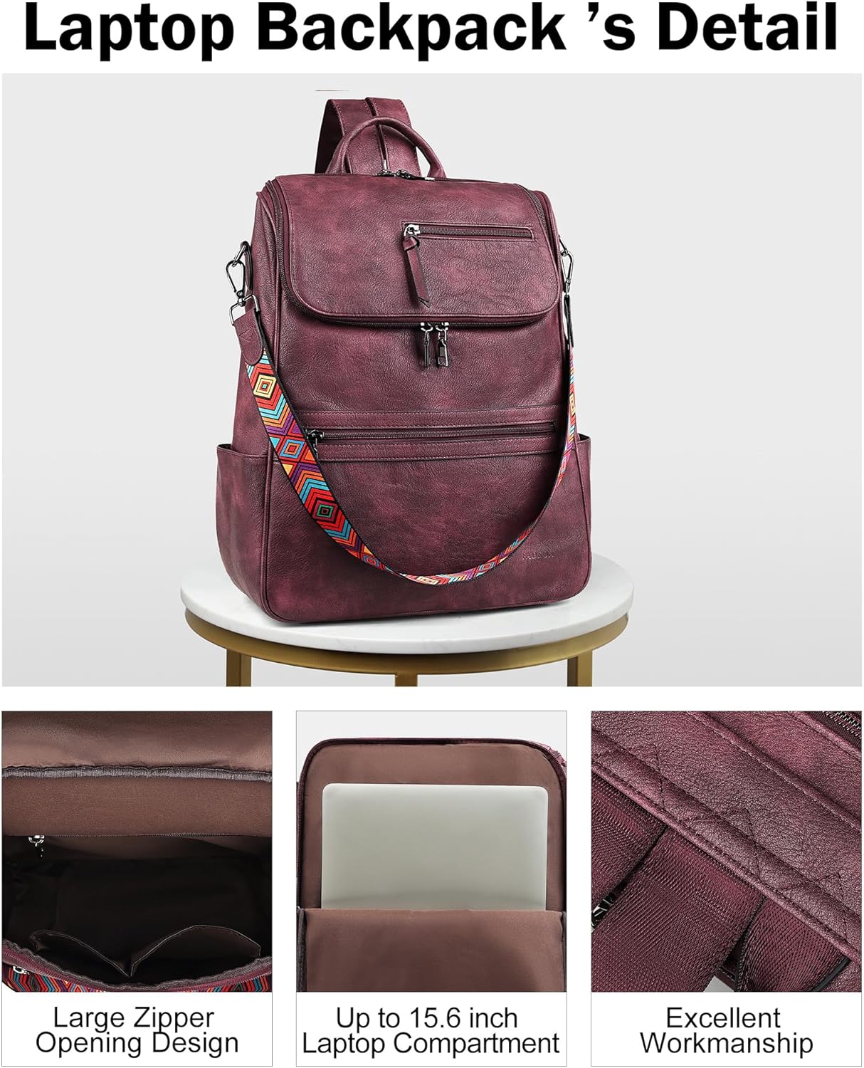 FADEON Laptop Backpack for Women Leather Travel Backpack with Laptop Compartment, Designer PU Shoulder Laptop Bag Red