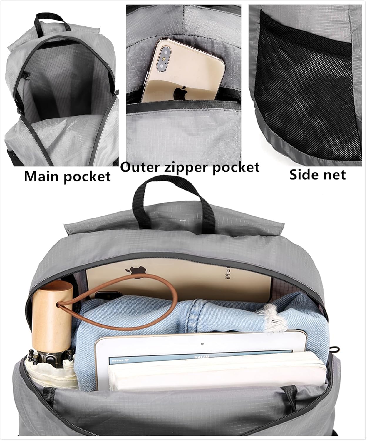 Small Foldable Hiking Daypack Packble Skin Casual Backpack Camping Cycling Travel Outdoor Day Bags Useful (Gray)