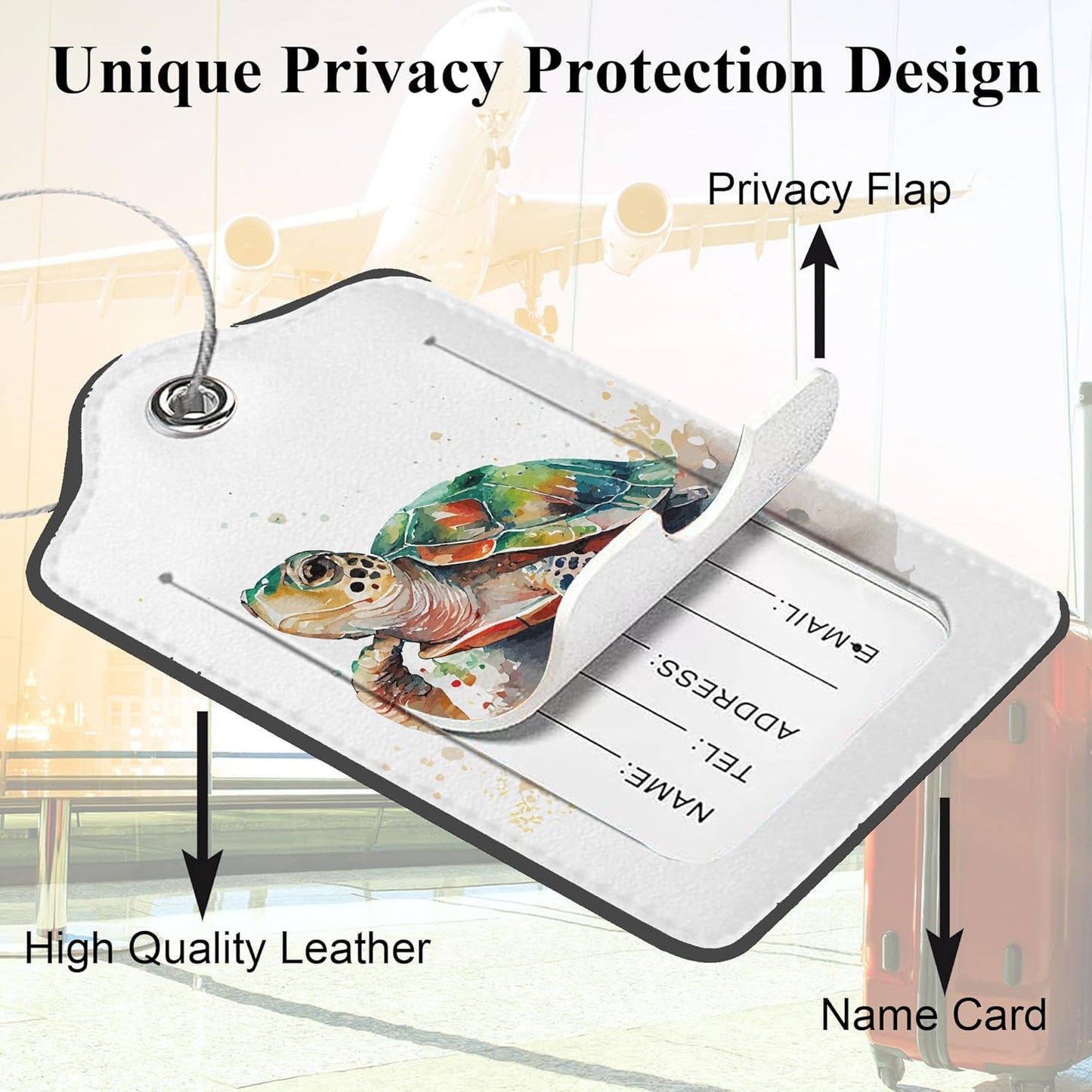 Set of 2 Luggage Tags for Suitcases, Leather Watercolor Sea Turtle Baggage Tags with Stainless Steel Loop, Privacy Name ID Card Cover Travel Labels for Women Men Kids Girls
