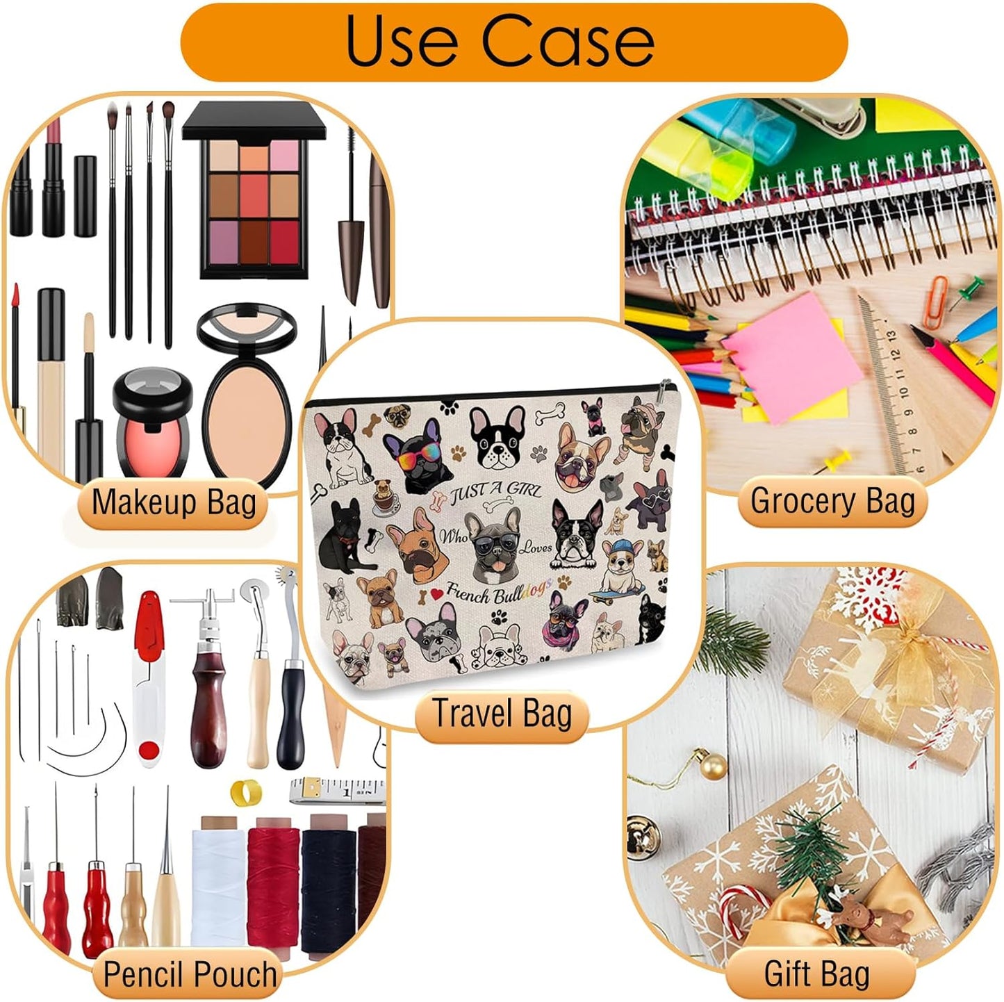 DOOX French Bulldog Makeup Bags with Lining, Funny Cosmetic Bags Pencil Pouch - Double-Sided Print - Cute Birthday & Christmas French Bulldog Gifts for Daughter, Sister, Women