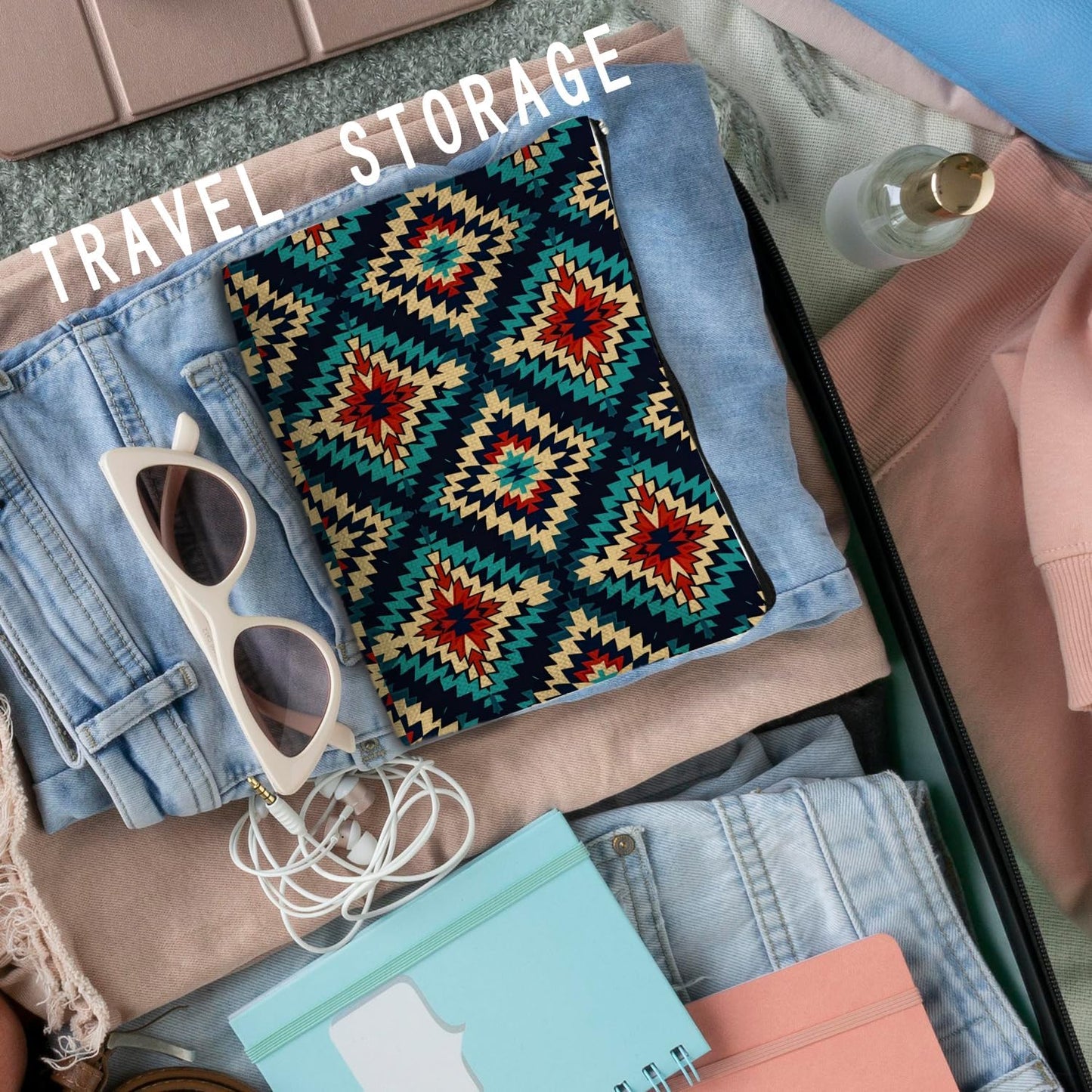 Boho Aztec Makeup Bag, Ethnic Southwestern Navajo Tribal Cosmetic Bag for Women, Western Gifts and Accessories