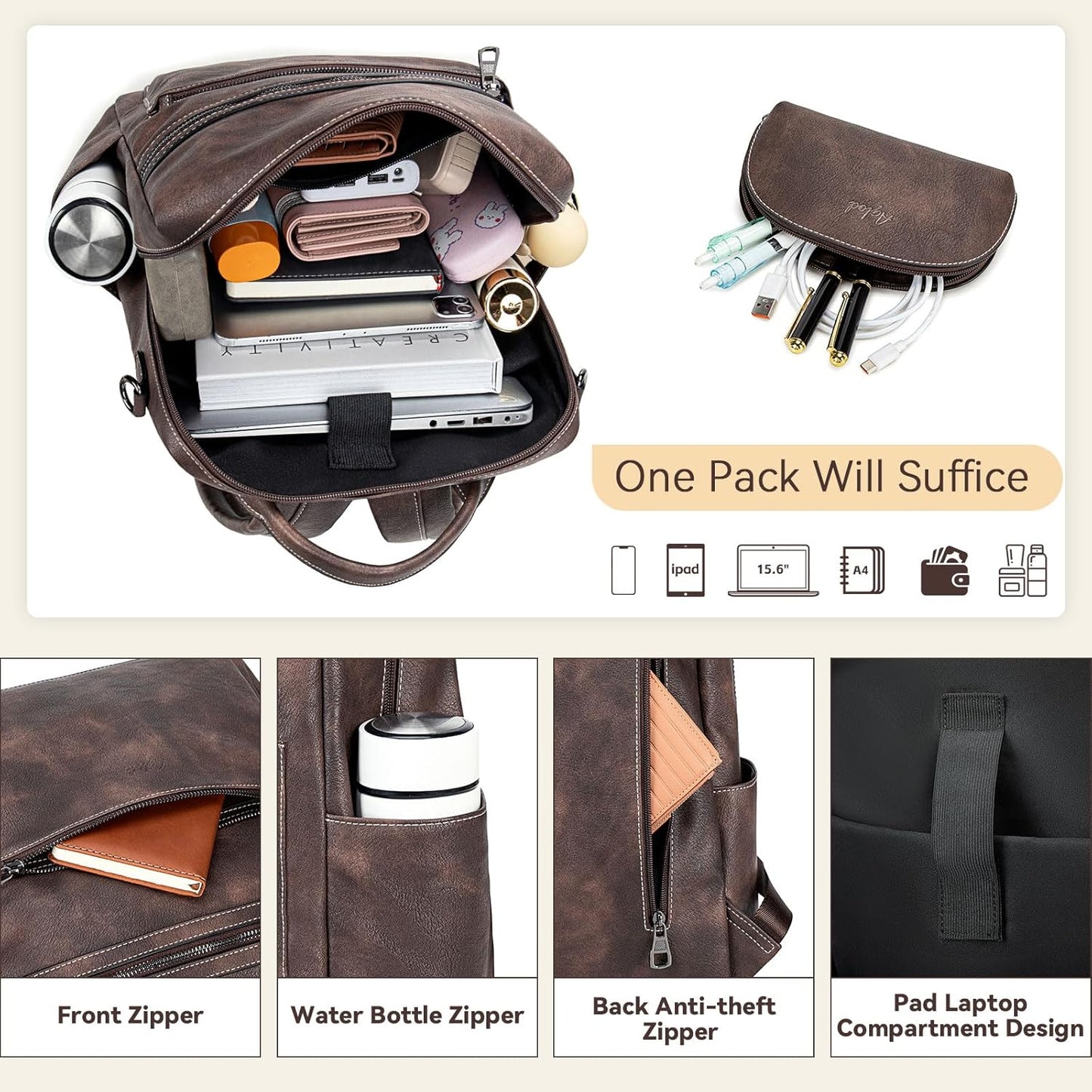 Vegan Leather Laptop Backpack for Women 15.6 Inch Work Backpack Purse for Travel College