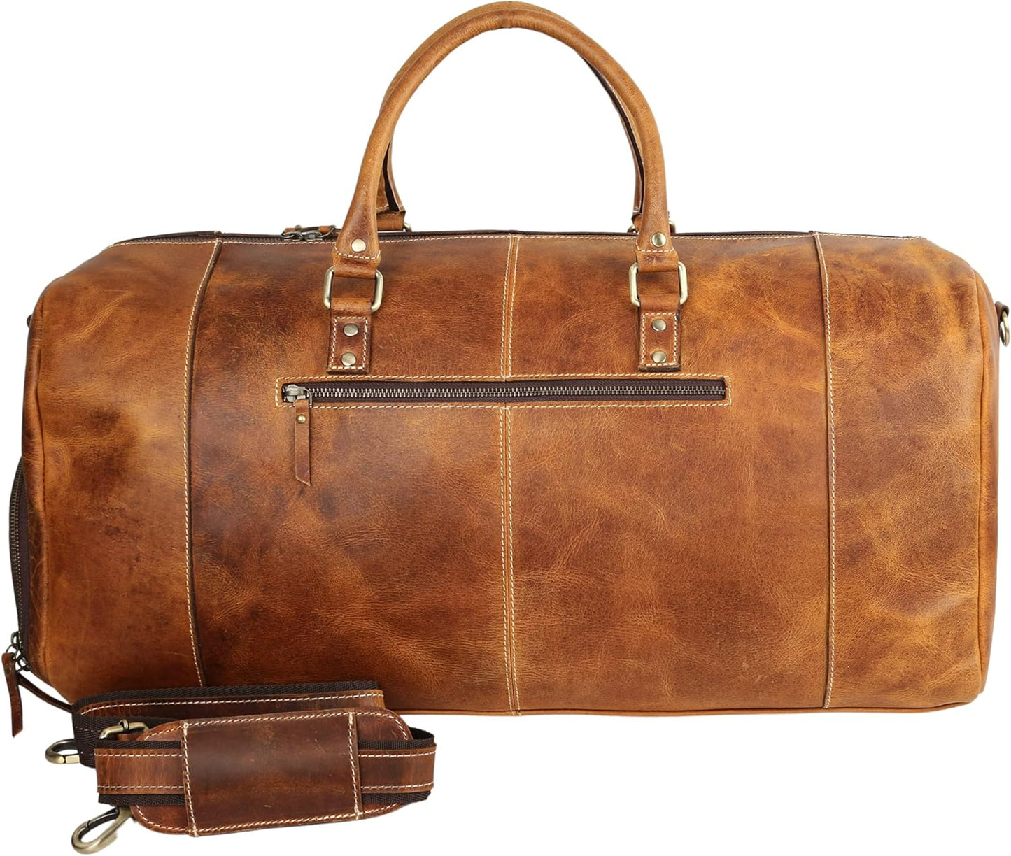 KomalC 24 Inch Leather Duffel Bags for Men and Women, Full Grain Buffalo Leather, Tan with Shoe Pocket