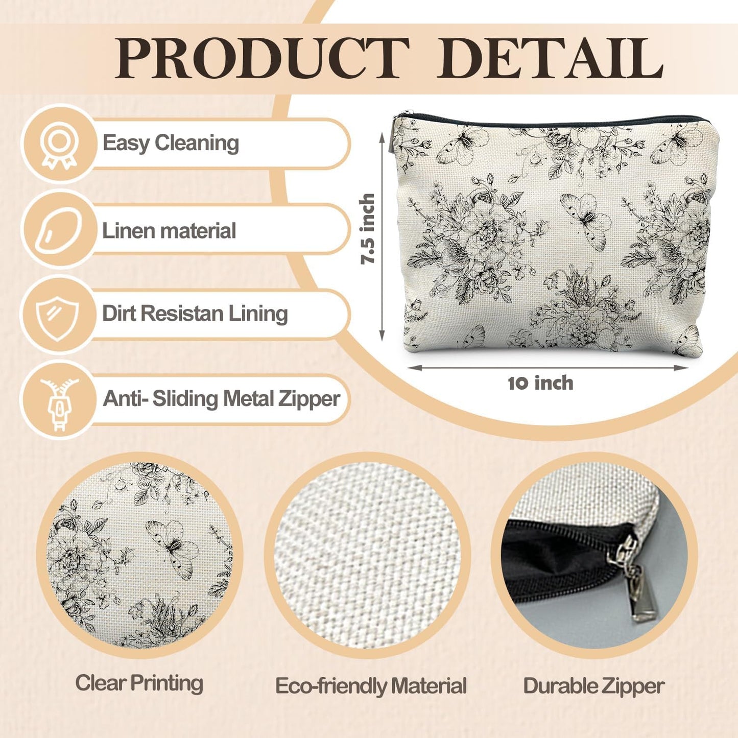 Vintage Boho Floral Butterfly Makeup Bag, Chinoiserie Black and White Cosmetic Bags for Women, Cottagecore Botanical Butterfly Zipper Makeup Pouch
