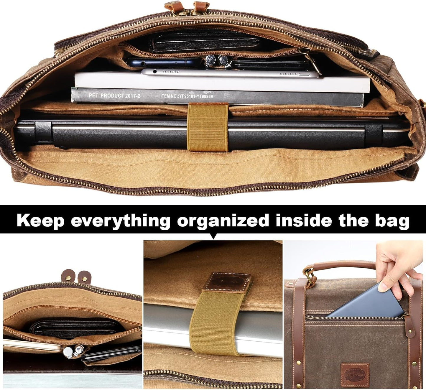 Manificent Laptop Messenger bag for Mens 15.6 Inch, Waterproof Vintage Genuine Leather Mens Briefcase shoulder bag 16 Storage Pockets, Waxed Canvas Leather Computer Business Satchel Work Bag (Brown)
