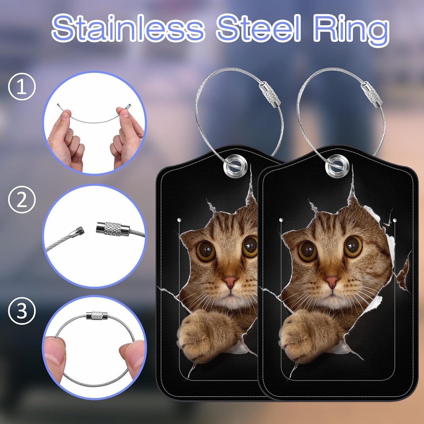 2 Pack Luggage Tag for Suitcase Cat in Black Hole Leather Travel Cruise Luggage Tag with Stainless Steel Loop Name ID Label Privacy Cover for Adults Teens Travel Bag Labels Set