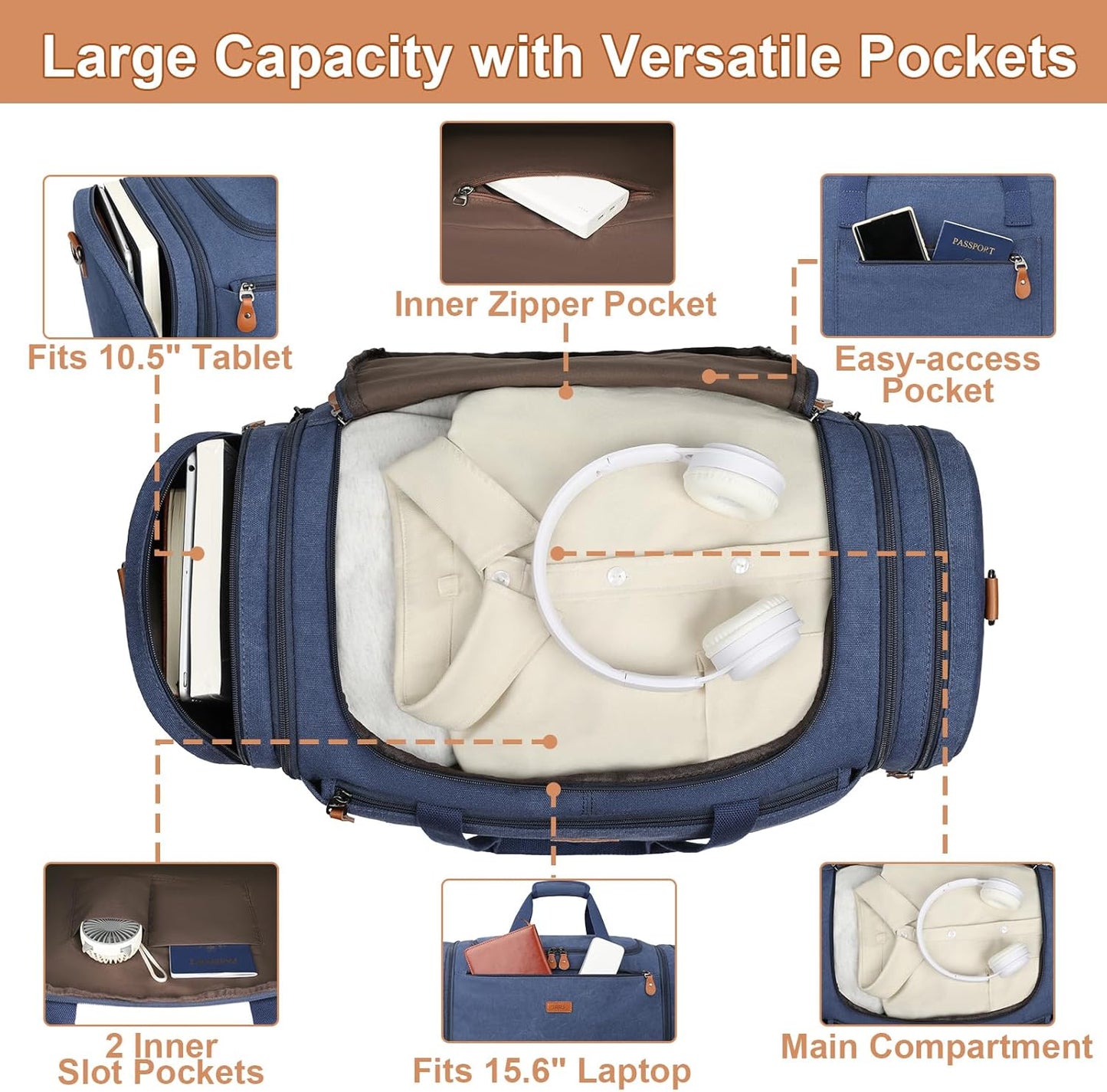 Canvas Mens Duffle Bag for Travel - Expandable 50L Weekender Bags with Toiletry Bag, Overnight Bag Travel Duffel Carry On Luggage with Removable Shoulder Strap, Durable & Water-Resistant