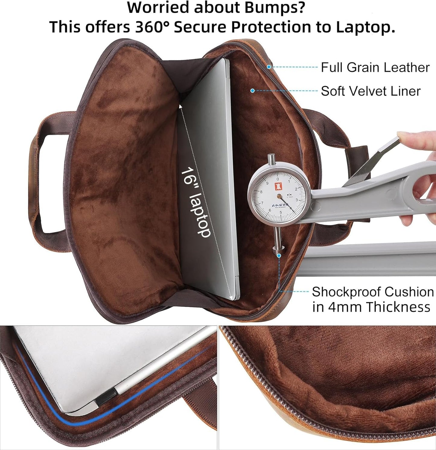 Masa Kawa Leather Laptop Briefcase for Men Fits 15.6" Computer Slim Crossbody Shoulder Messenger Bag Attache Case for Business Work, Vintage Brown