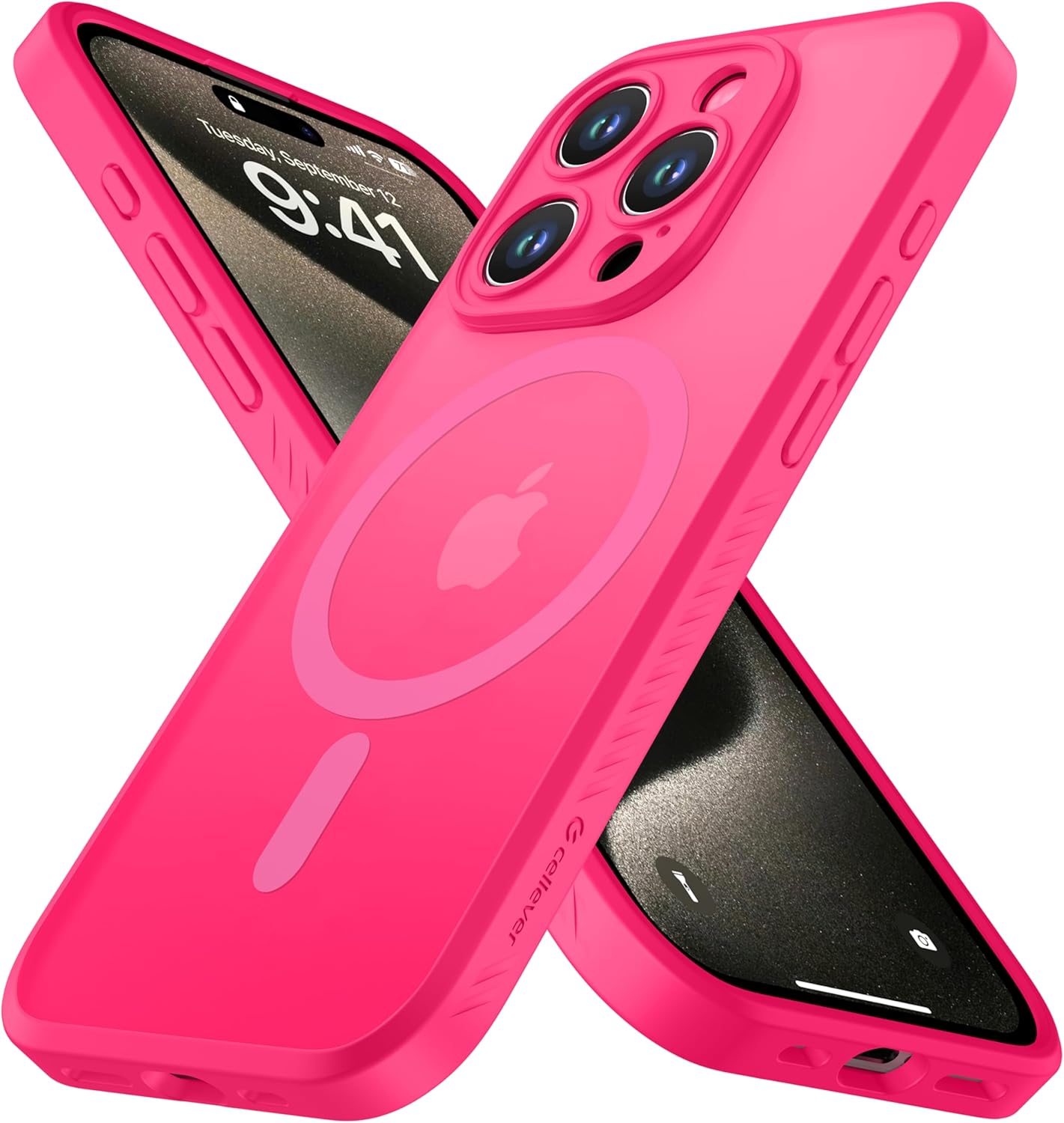CellEver Strong Magnetic for iPhone 15 Pro Max Case [Camera Protection] [Military Grade Drop Tested] [Compatible with MagSafe] Slim Translucent Matte Phone Case (6.7") - Hot Pink