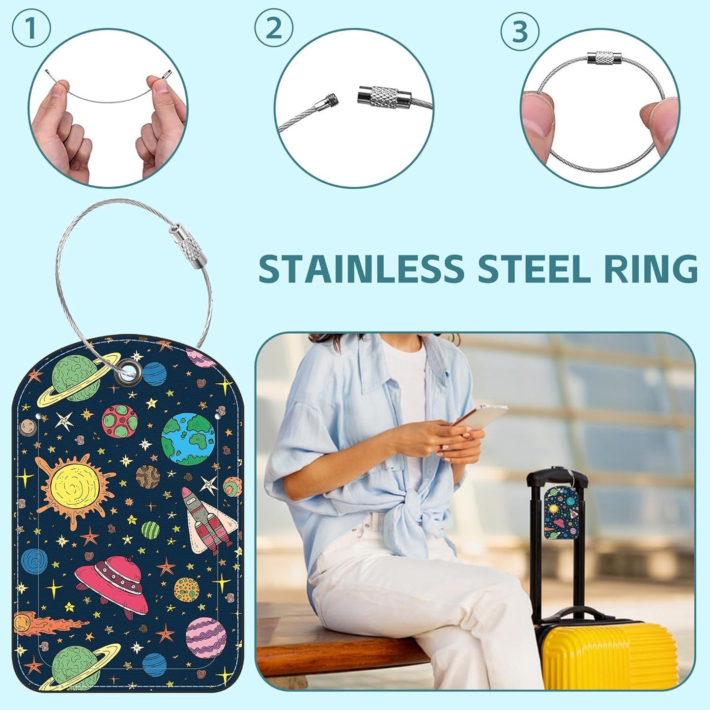 2 Pack Cute Luggage Tag for Suitcases Space Planets Leather Luggage Tags with Stainless Steel Loop Privacy Flap Name Tags,Men and Women Travel Bag Suitcase Tags