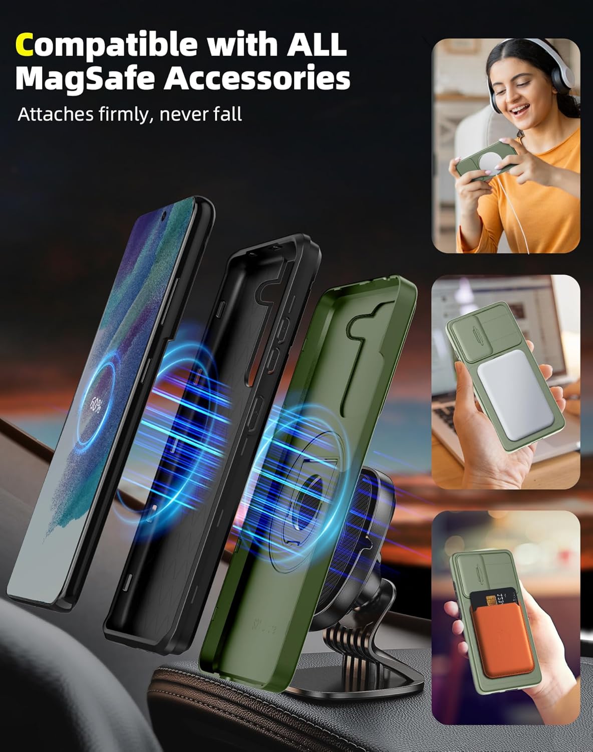 for Samsung Galaxy s21 FE Case Magnetic Compatible with MagSafe Wireless Charging,with 2 Screen Protectors,Built-in Stand Ring+Camera Cover Anti-Scratch Shockproof Heavy Duty Protection Green