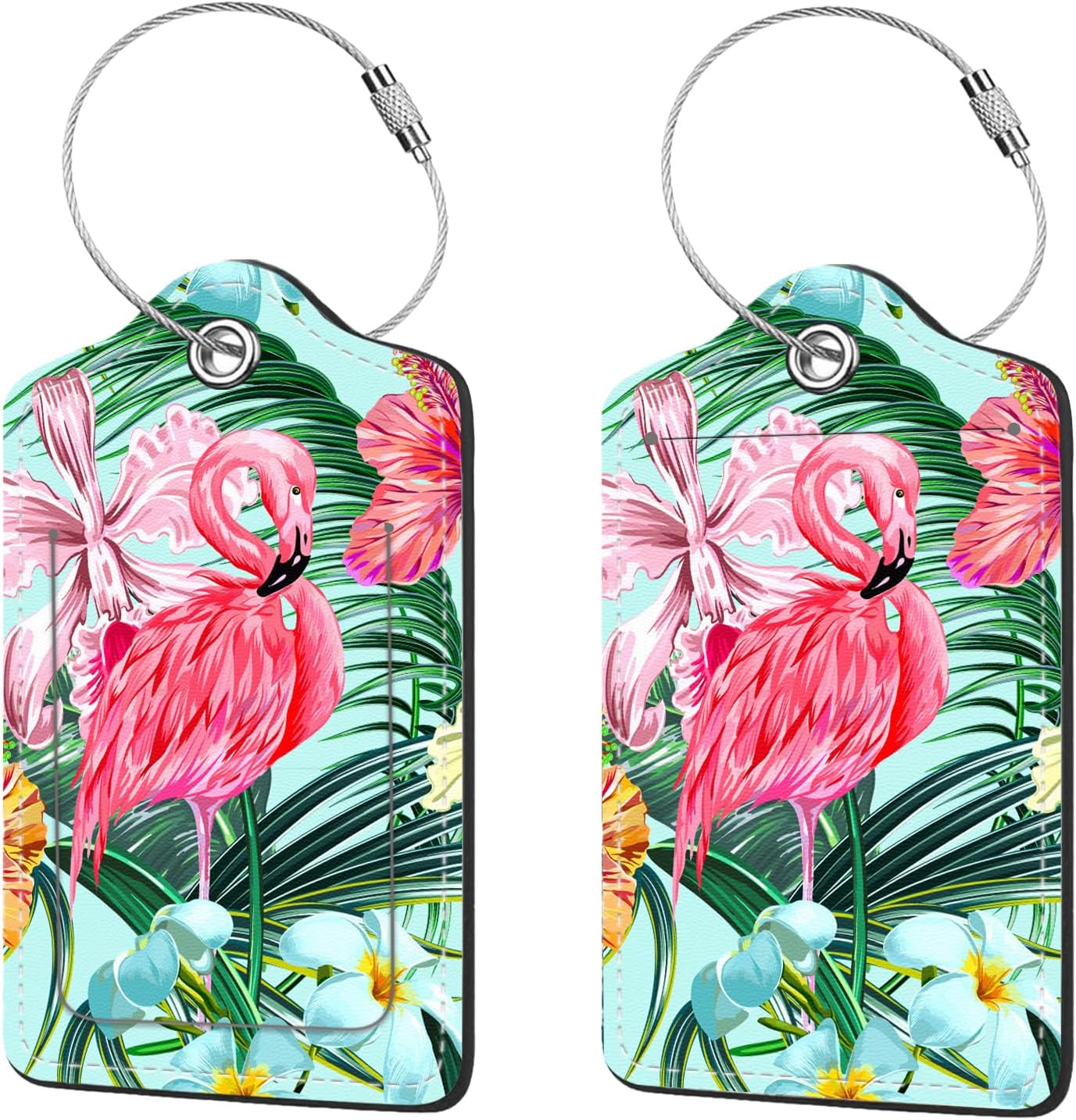 2 Pcs Luggage Tags for Suitcase, Cute Unique PU Leather Travel Bag Tag with Privacy Cover ID Label Address Card and Durable Metal Ring Suitable for Men Women Children Backpack,Flamingos
