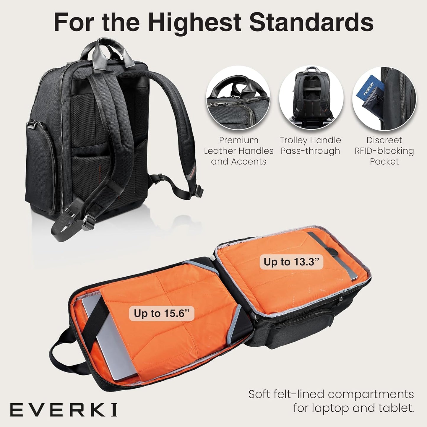EVERKI Onyx Business Laptop Backpack – Durable Leather Ballistic & Nylon Bag, Travel-Friendly Design, Dedicated Space for Up to 15.6” Laptops, Stylish Office Backpack, 25L Capacity (EKP132), Black