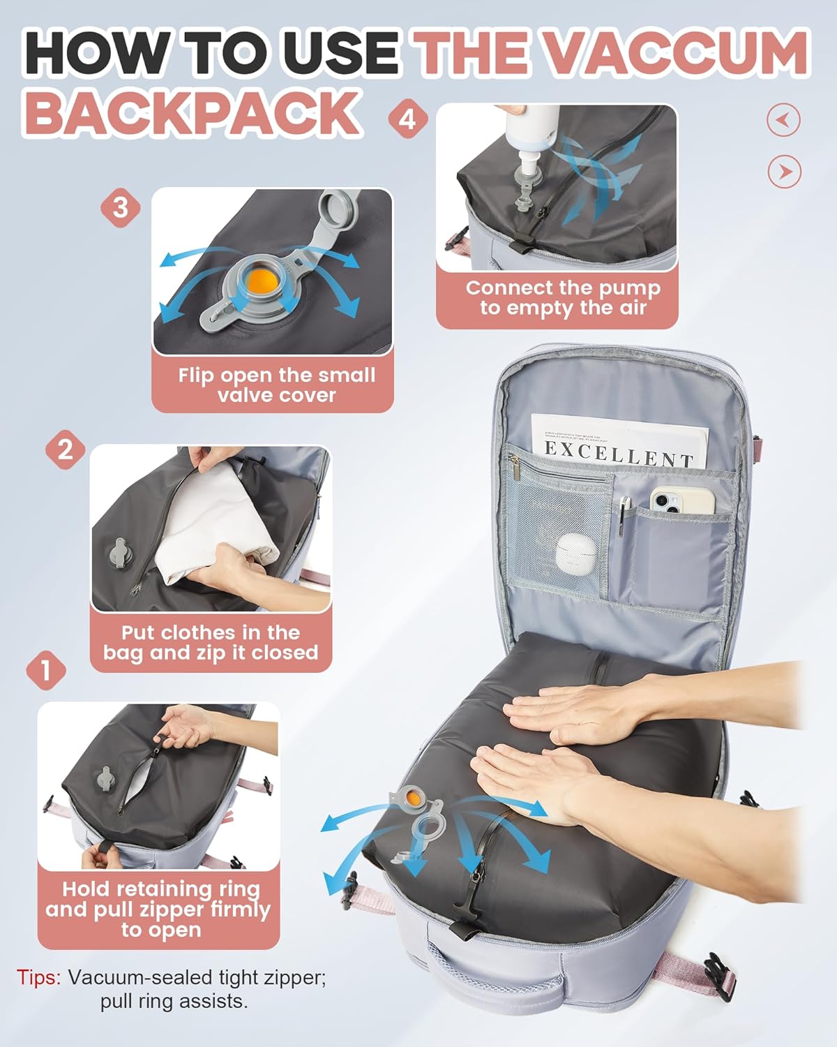 Vacuum Seal Travel Backpack with Air Pump,Compression Vacpack Waterproof Carry On Backpack for Travel Women Men with Vacuum System,Airlines Approved Daypack Laptop Space Saver Bags,Grey