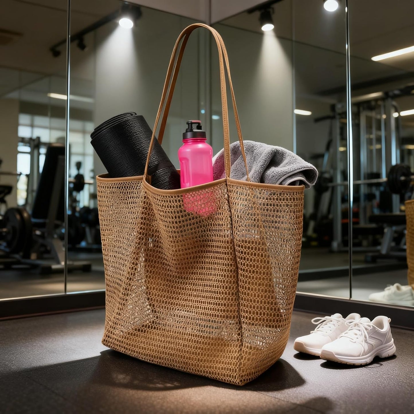 Mesh Beach Bag with Women - Ventilated Mesh Design with Inner Pocket -Vacation & Travel Have,Woven Shoulder Handbag