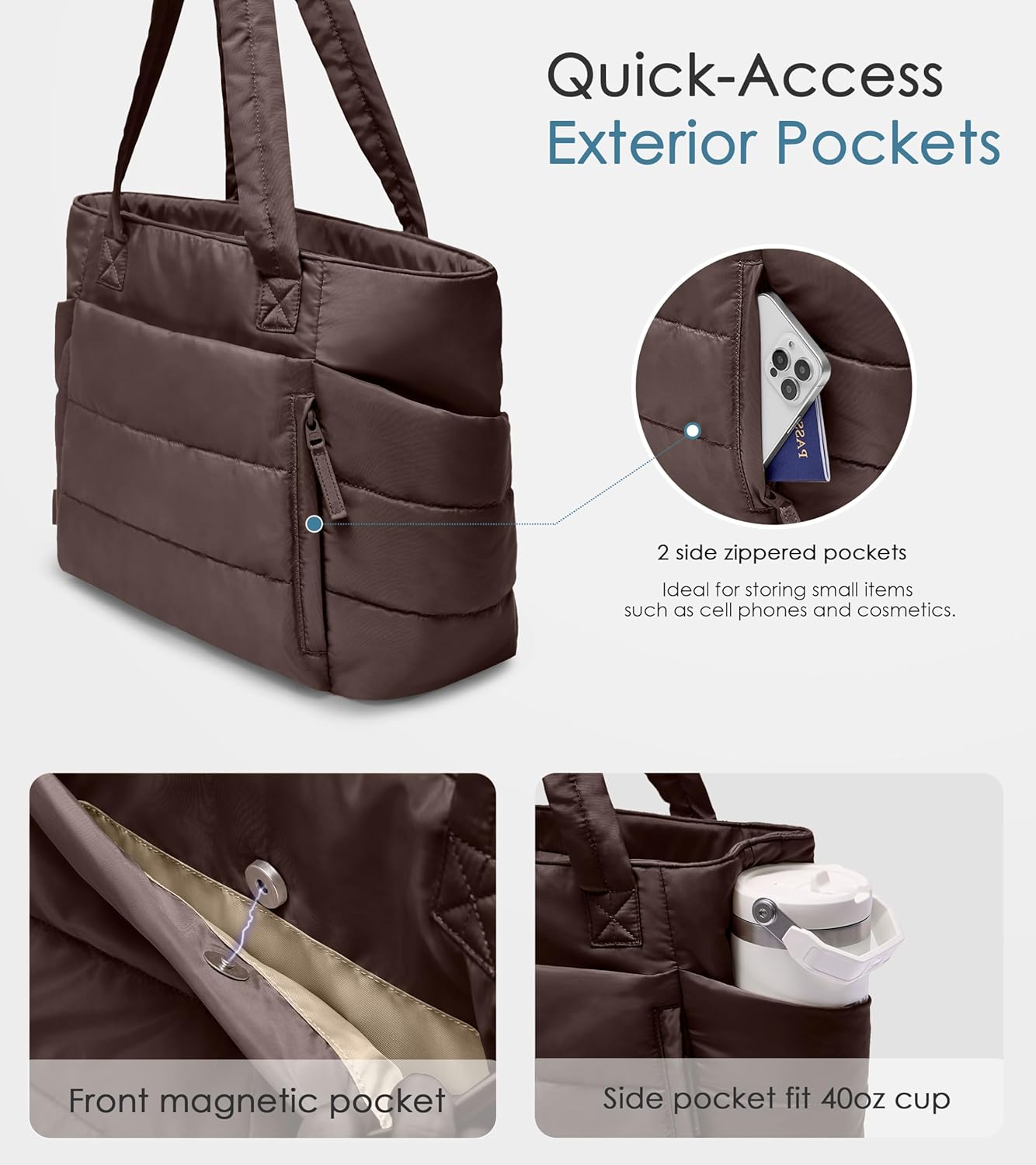 Tote Bag for Women with Zipper, Quilted Puffer Tote Bag with Compartments, Lightweight Puffy Work Bags for Women Travel
