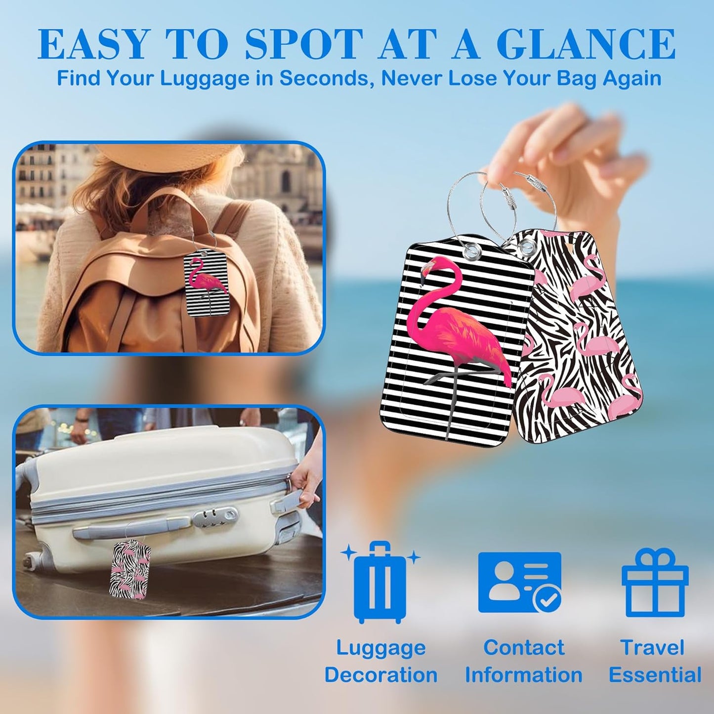 2 Pack Pink Flamingos Luggage Tags PU Leather Suitcase Tags with Stainless Steel Loop Privacy Cover ID Label for Women Men Travel Bag Accessories