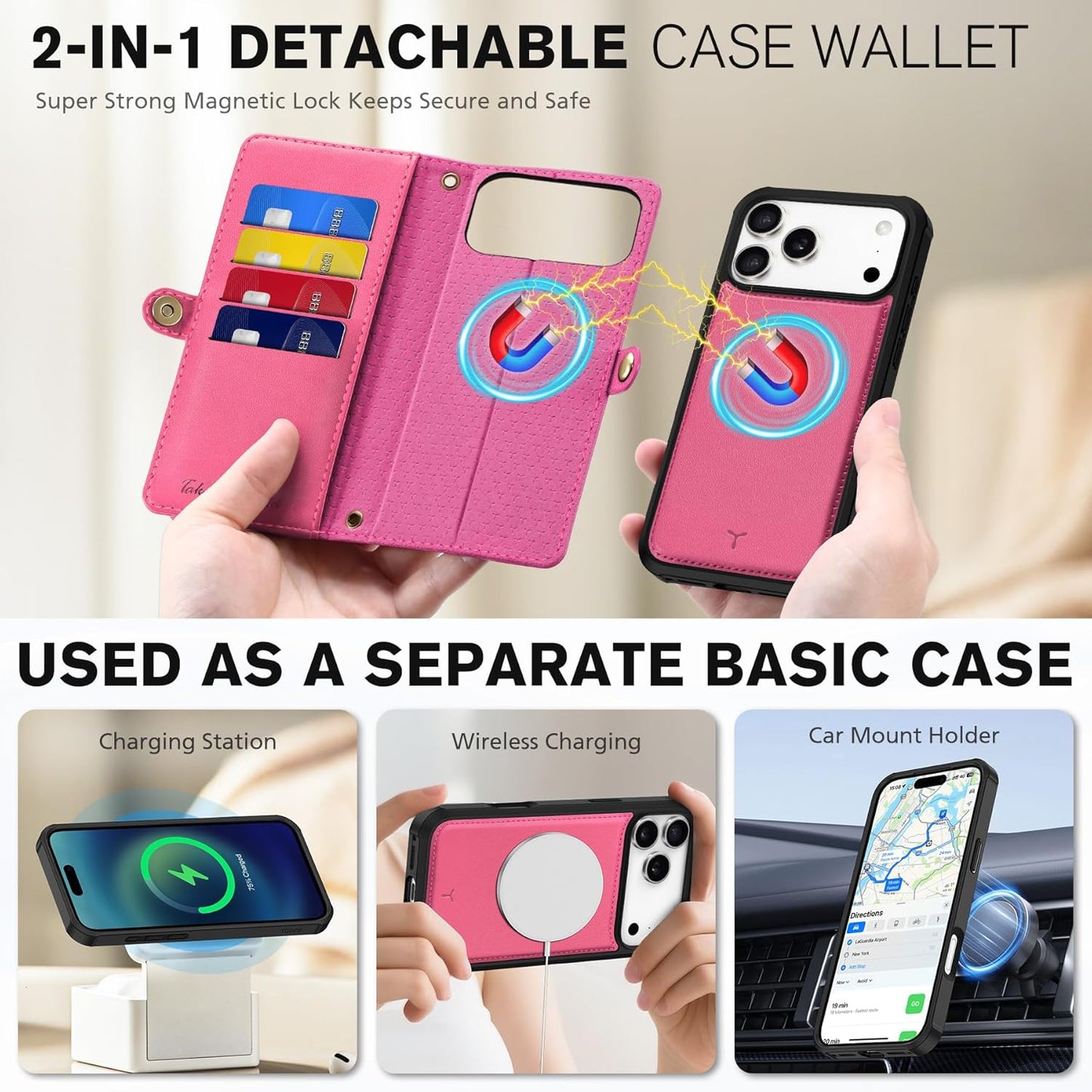 TUCCH Detachable Crossbody Case Wallet for iPhone 17 Pro Max 6.9", Wireless Charging | RFID Blocking 10 Card Holder | Lanyard Wrist Strap | Stand | Zipper Pocket | PU Leather Magnetic Cover | Hot Pink