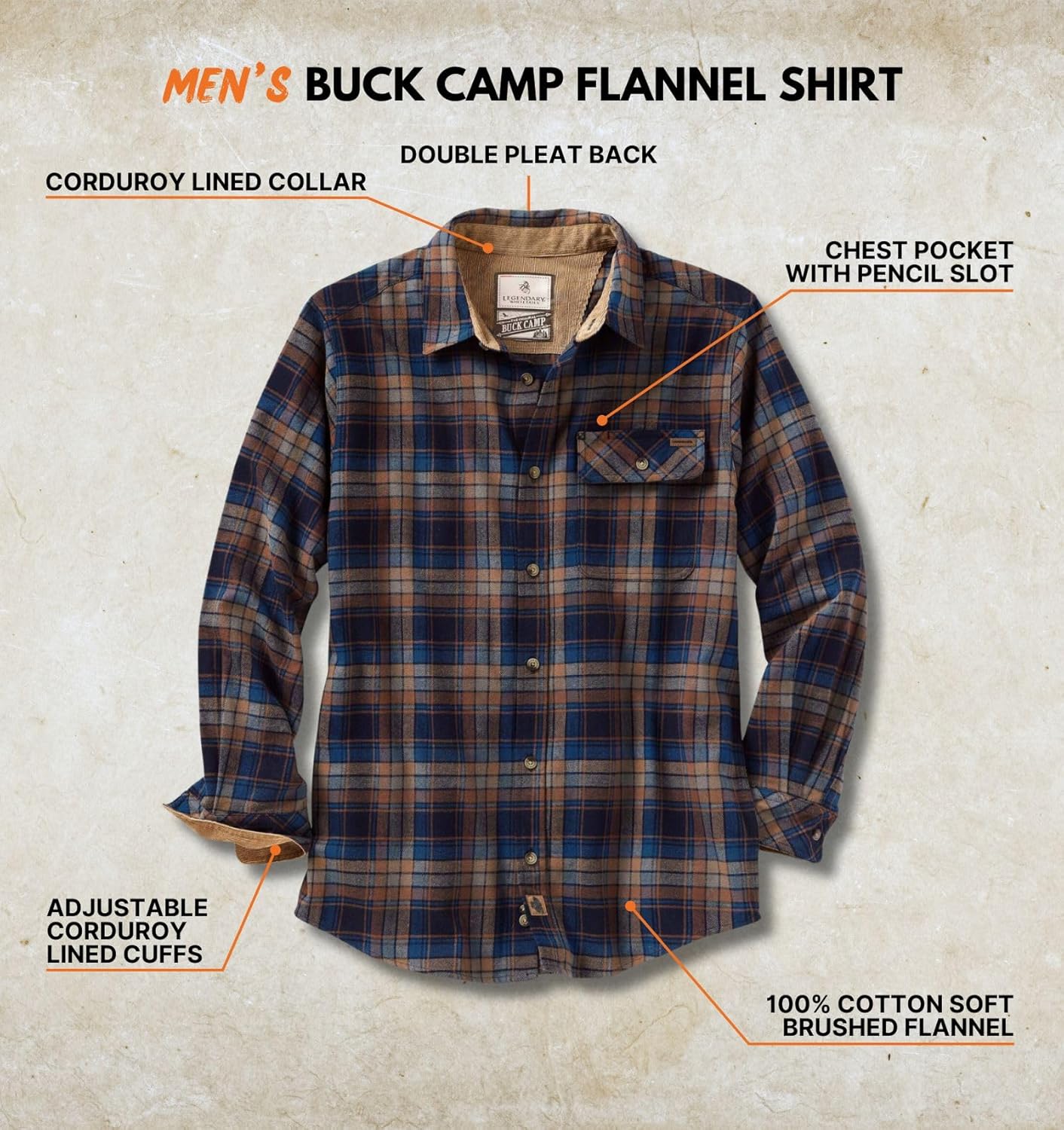Legendary Whitetails Men's Flannel Shirt Long Sleeve Button Down 100% Cotton