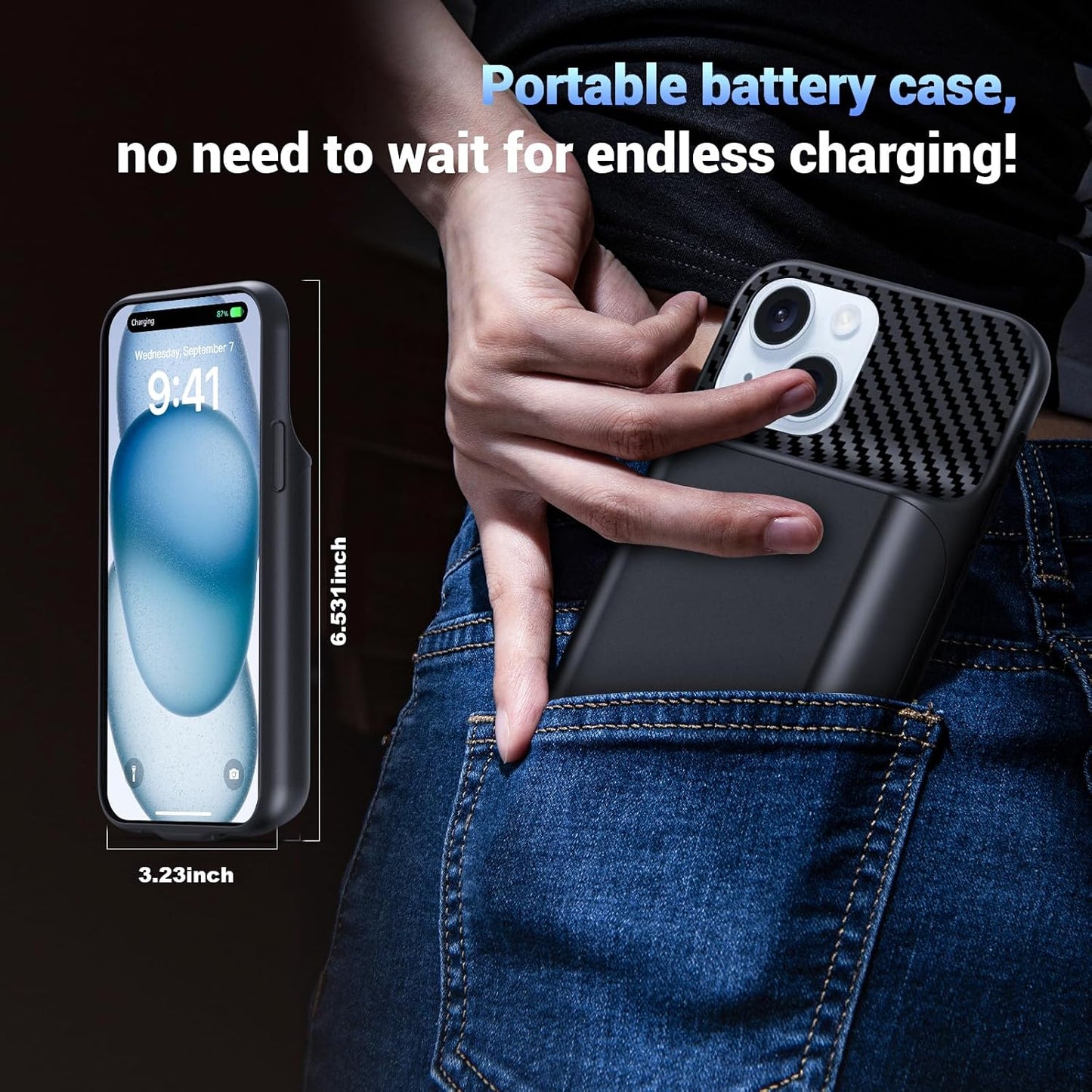 Battery Case for iPhone 15 Plus (6.7 inch), 2025 Upgraded High Capacity 13800mAh Battery Pack Rechargeable Charger External Charging Case with Tempered Glass Screen Protector Black