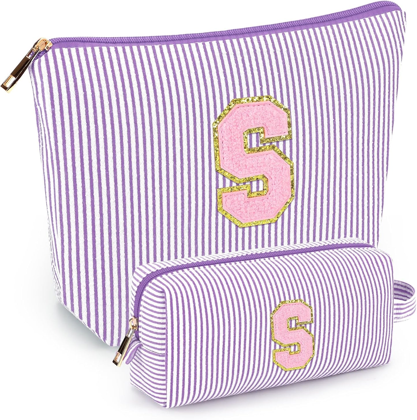mibasies 2 PCS Initial Makeup Bags for Women: - Birthday Gifts for Teen Girls 11 12 13 14 15 16 Years Old - Preppy Trendy Stuff - Cosmetic Bag for Travel Toiletry - Purple S