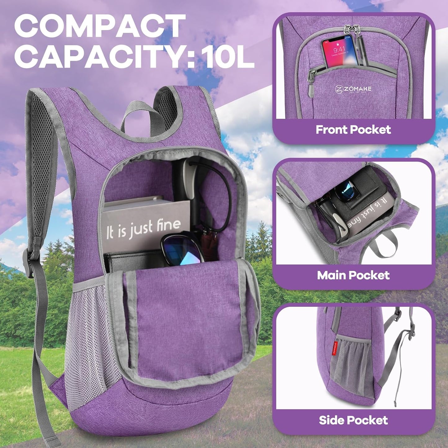 ZOMAKE Ultra Lightweight Packable Backpack 10L,Small Foldable Backpacks Hiking Water Resistant Collapsible Daypack for Women Men(Light Purple-A1)