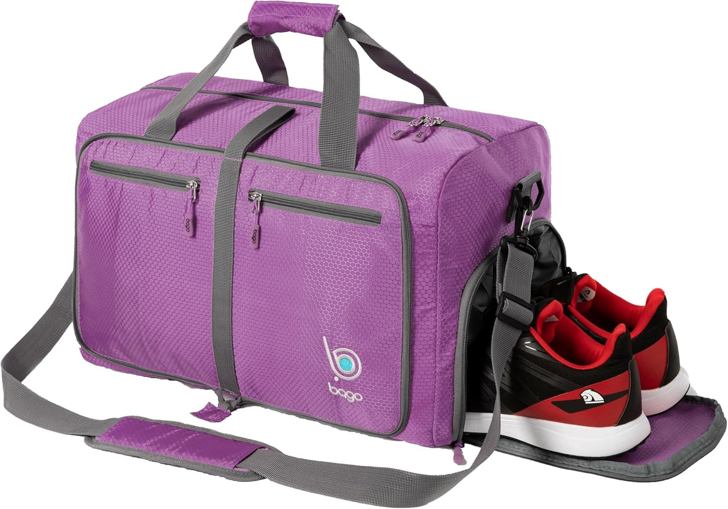 Bago Large Foldable Duffel Bags for Traveling Women & Men - 80L Packable Duffle Bag for Travel with Shoe Compartment - Water Repellant, Heavy Duty, Lightweight Folding & Collapsible (Purple)