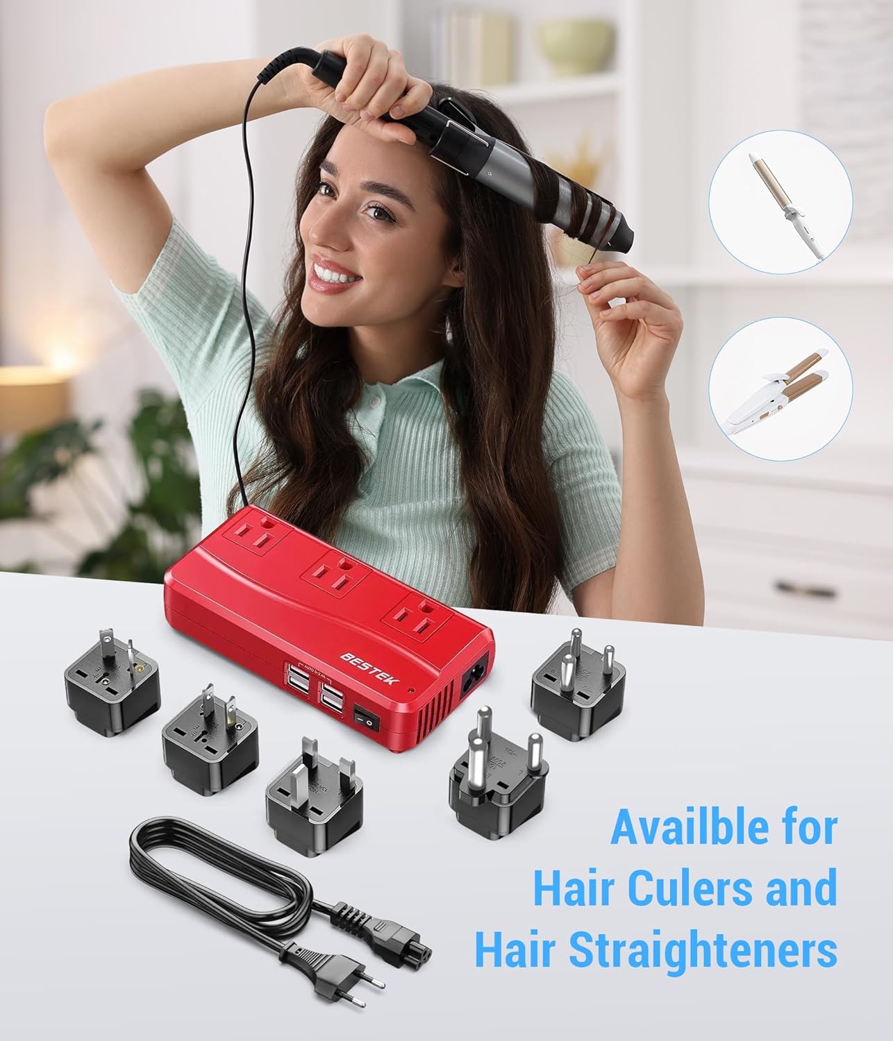 BESTEK International Power Adapter 250W, 220V to 110V Step Down Travel Voltage Converter with 4-Port USB Including US/AU/EU/UK//India/South Africa Plug Adapter (Red)