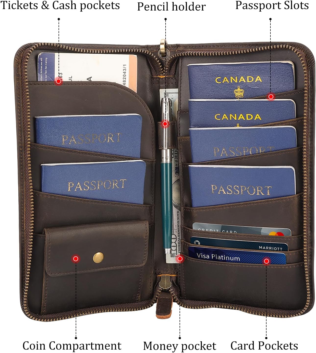 Polare Full Grain Leather Family Passport Holder Travel Documents Organizer RFID Blocking Wallet with Coin Pouch and AirTag Slot Fits 6 Passports