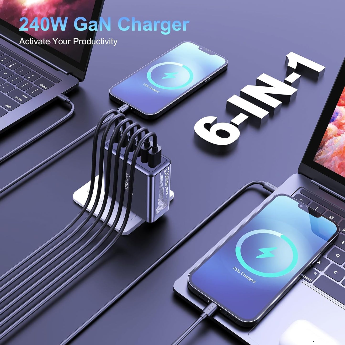 240W USB C Charger, 140W Laptop Fast Charger, PD3.1 PPS 6-Port USB Type C Wall Charger, Advanced GaN Power Adapter, for MacBook Pro 16'', iPhone 16 Series, iPad Pro, Galaxy, Pixel, and More