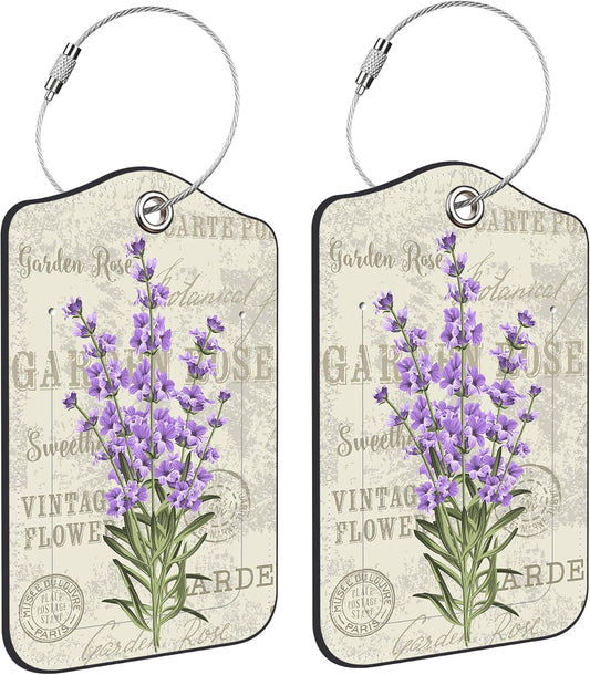 2 Pack PU Leather Luggage Tag for Suitcase Purple Lavender Suitcase Tags with Privacy Name ID Label and Stainless Steel Loop for Travel Bag