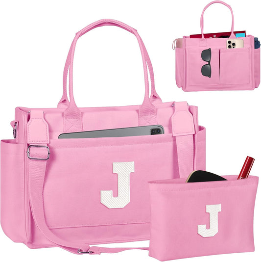 Gifts for Women Teen Girls, Initial Tote Bag with Zipper, Letter Canvas Tote Purse for College Work Laptop Beach