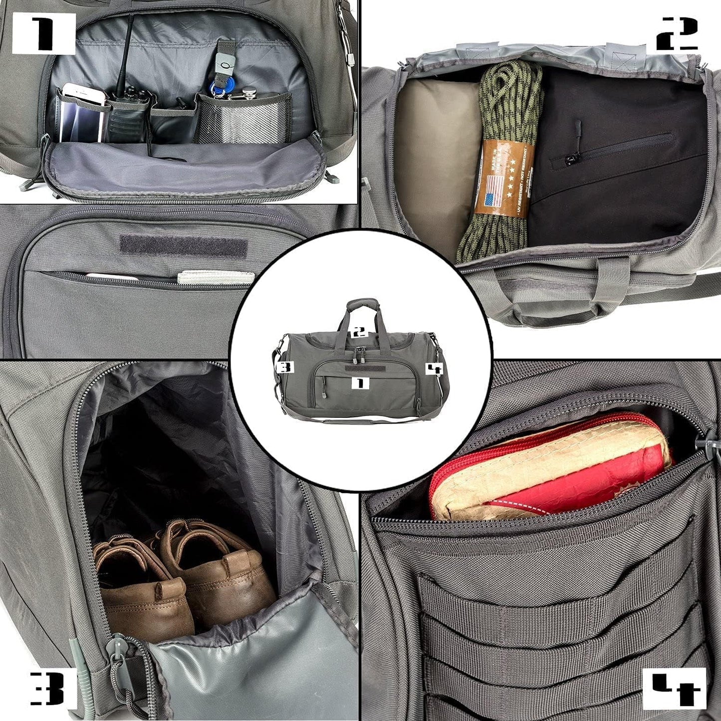 HYKING Gym Bag for Women & Men Tactical Duffle Military Weekender Work Out Lightweight Waterproof Sports Tote Shoe Pocket Gray
