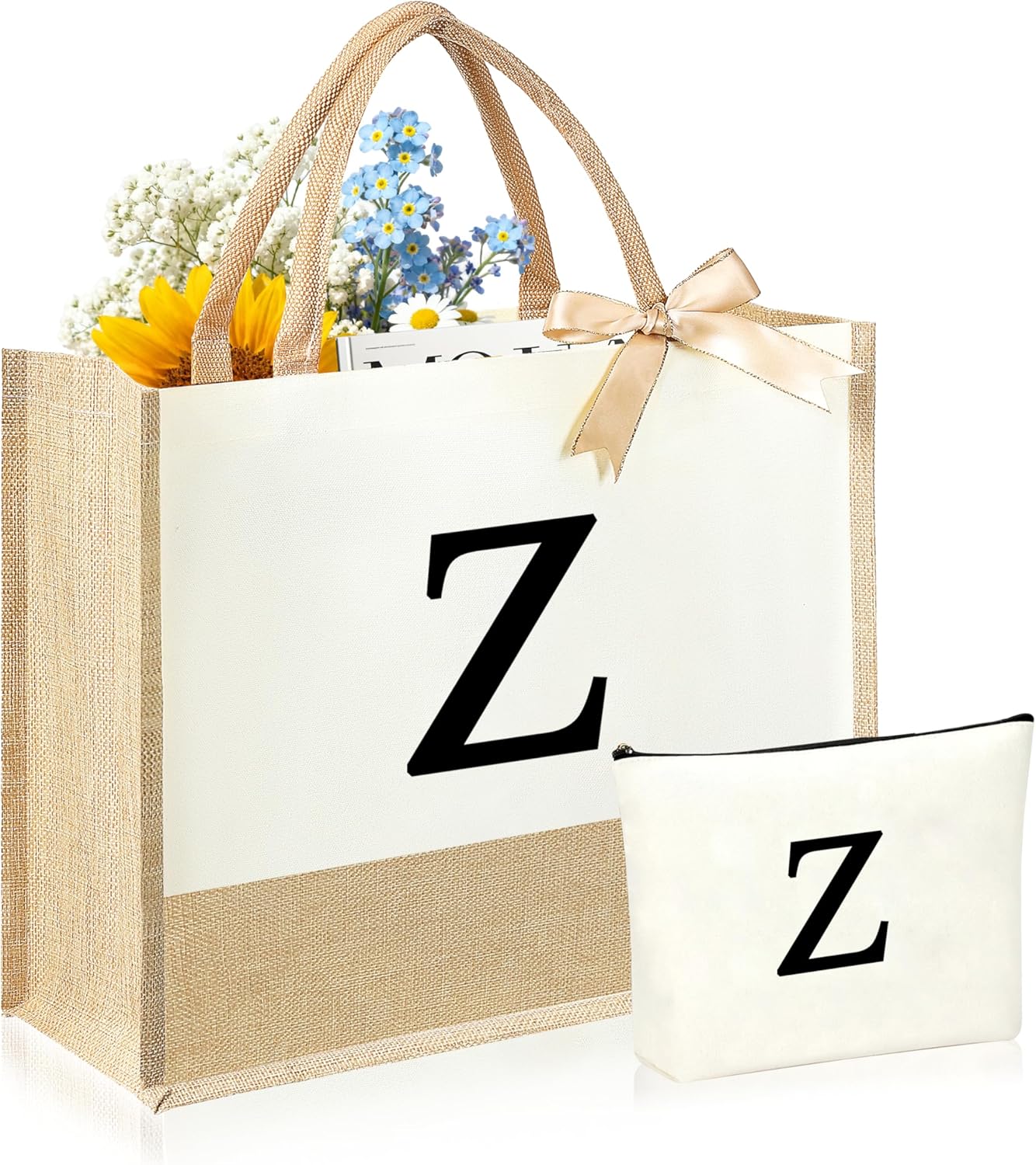 Initial Canvas Tote Bag & Makeup Bag for Women Teacher Bridesmaids，Personalized Present for Wedding, Birthday, Beach