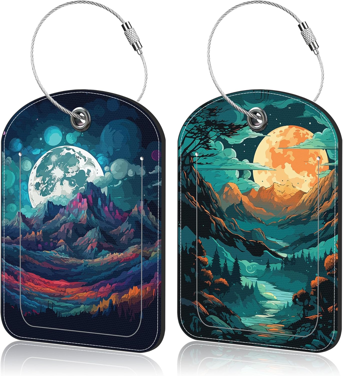 2 PCS Leather Luggage Tag for Suitcase Colorful Sky and Moon Travel Suitcase Labels with Privacy Name ID Label and Stainless Steel Loop for Adults Teens Travel Bag Labels Set