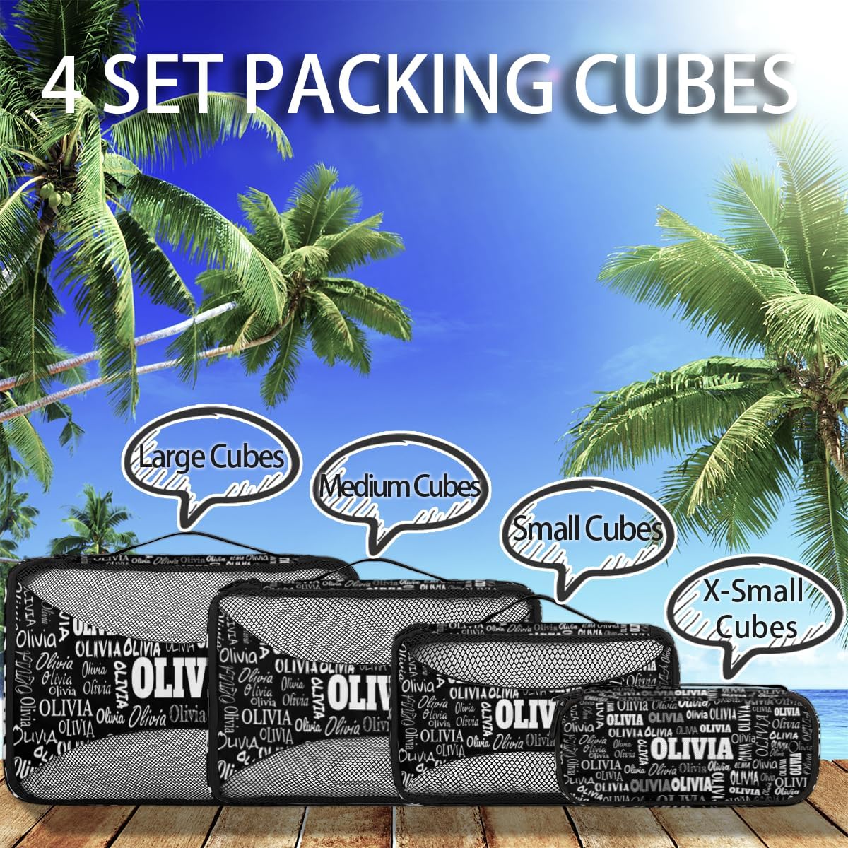 Custom Name Compression Packing Cubes Luggage Organizer Bags for Travel, Black Double Zipper Packing Cubes for Suitcases for Men Women Boys Girls