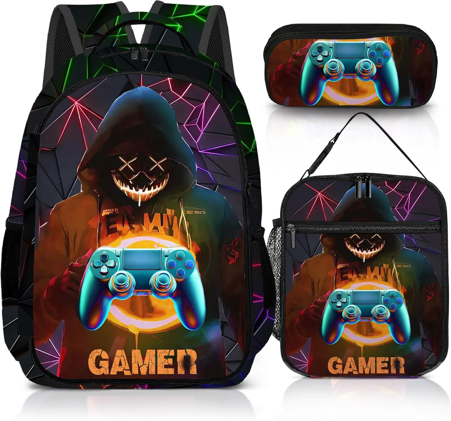 Game Backpack Set for Boys, Gaming Backpack 3 Pack, Boys Lunch Box, and Pencil Bag for Kids, 17"