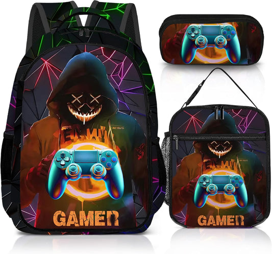 Game Backpack Set for Boys, Gaming Backpack 3 Pack, Boys Lunch Box, and Pencil Bag for Kids, 17"