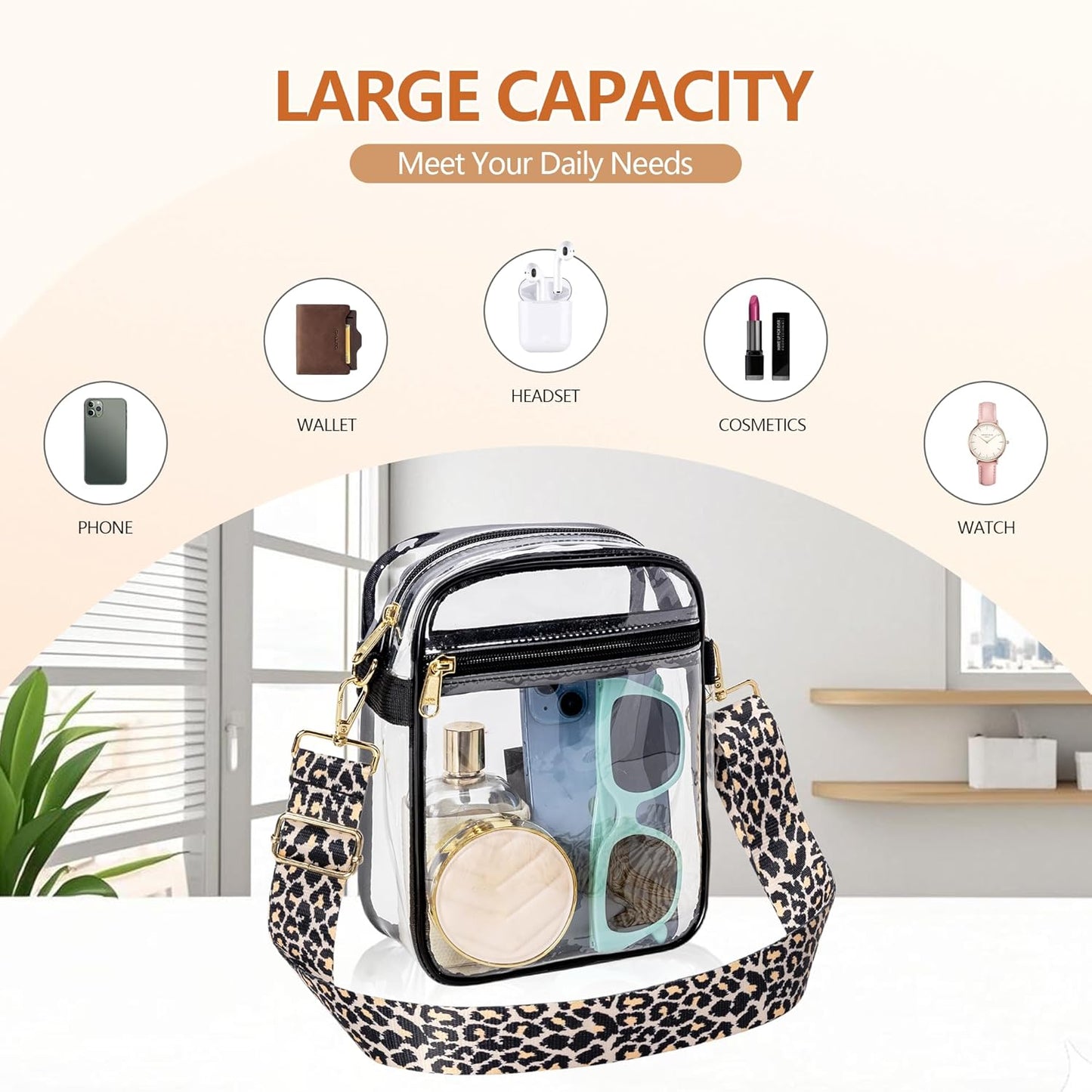 Clear Bag for Stadium Events, Clear Purse with Removable Strap, Messenger Bag for Concert Work Sports and Fetivals