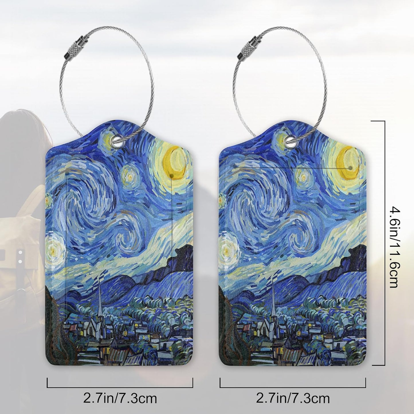 Van Gogh Starry Night Luggage Tags Set of 2 Leather Luggage Tags Privacy Cover Suitcase Label with Stainless Steel Loop for Women/Men Travel