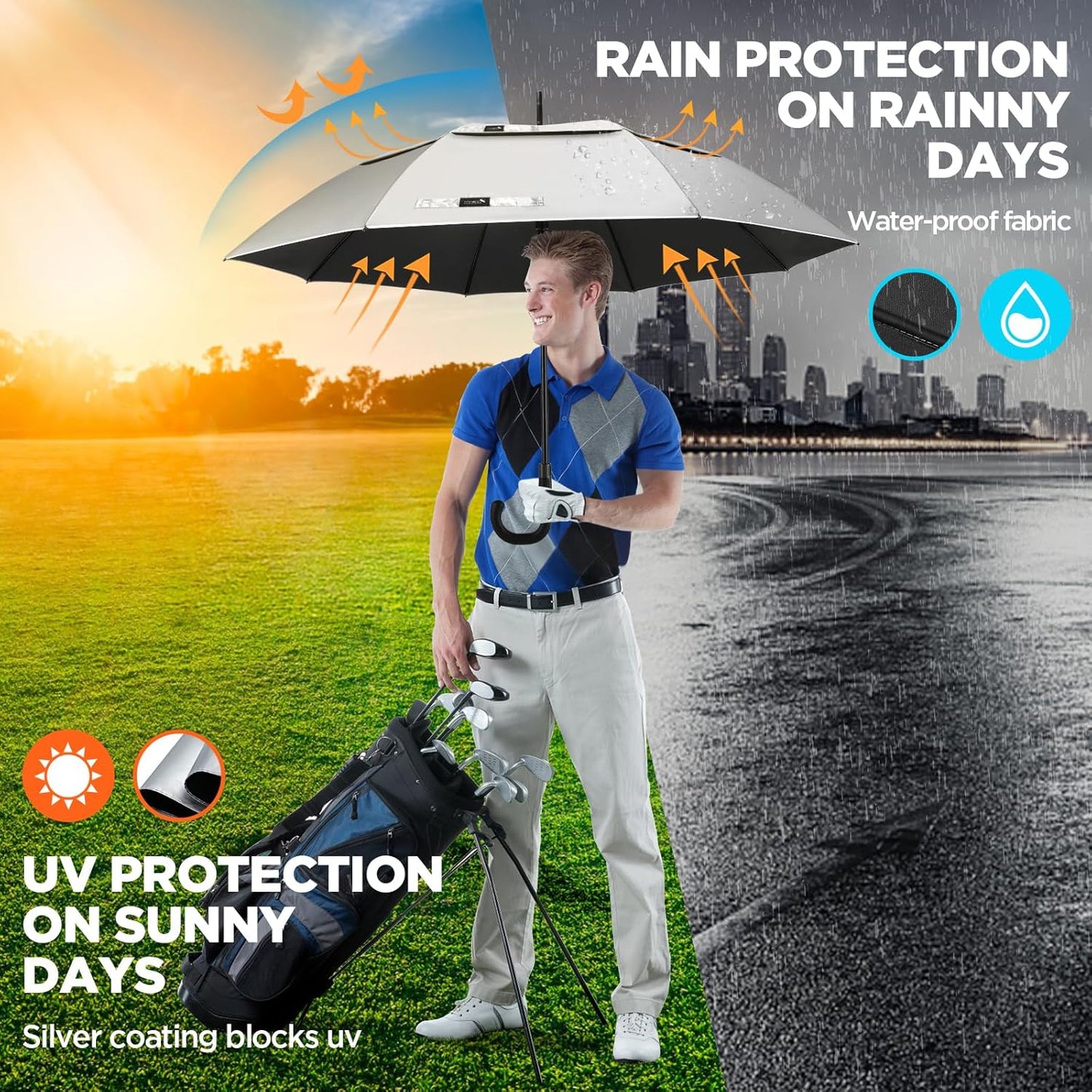 ZOMAKE 62/68" Windproof Golf Umbrella UV Protection, Automatic Oversize Golf Umbrellas Double Canopy Vented Sun Blocking Push Cart for Rain Sun