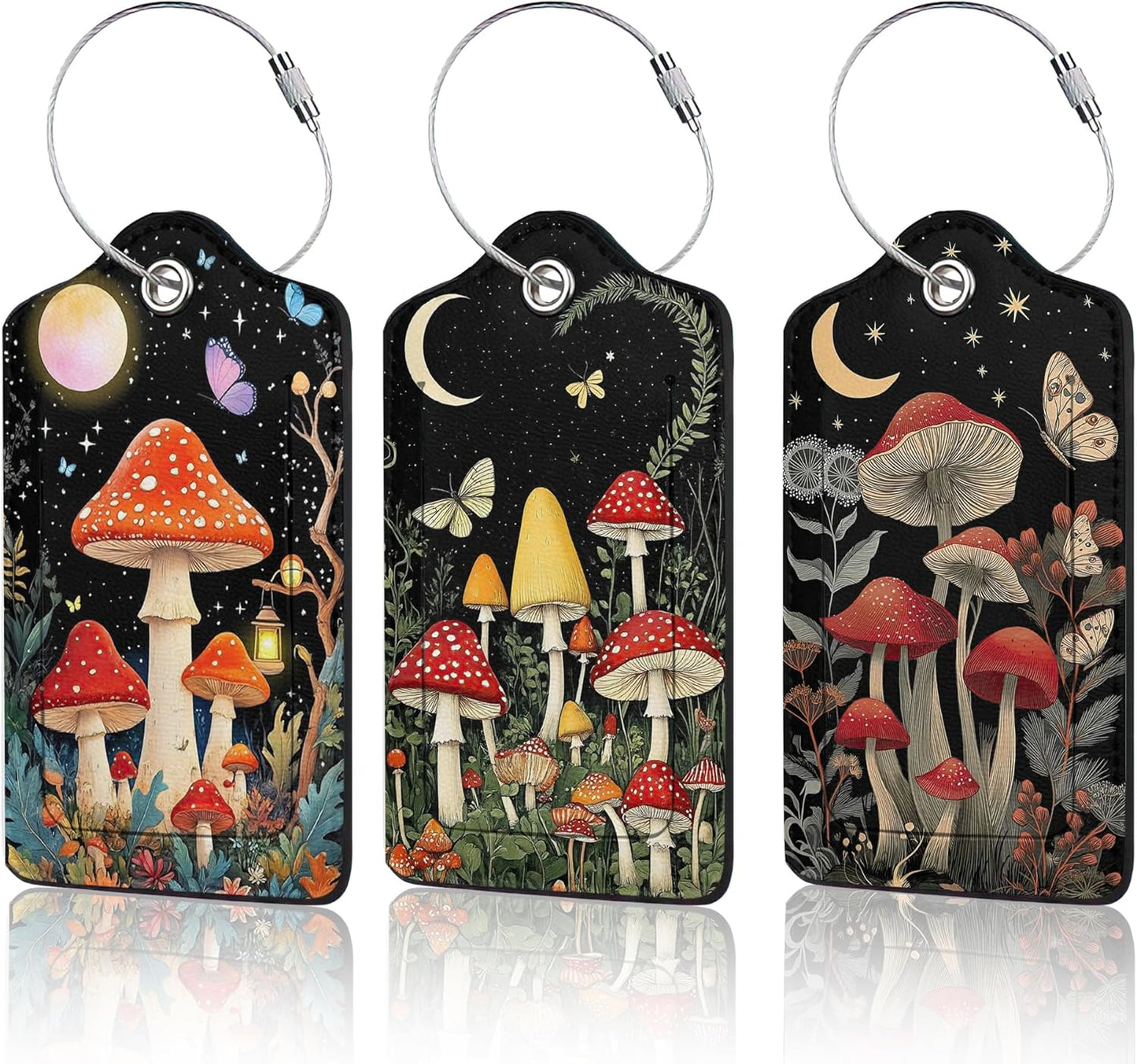 3 PCS Mushroom Luggage Tags,Colorful Butterfly Moon Star Suitcase Tags Privacy Cover ID Label with
