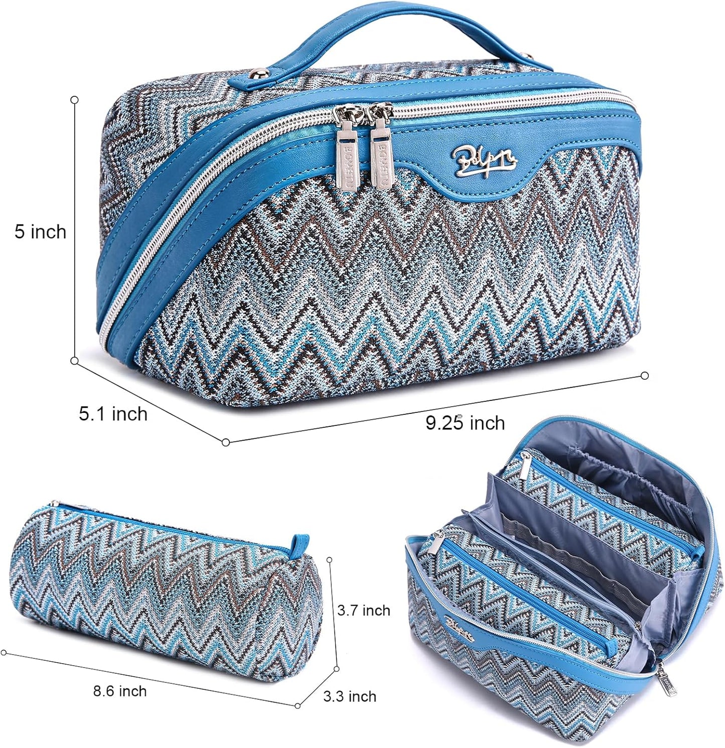 BOYATU Travel Makeup Bag for Women: Western Boho Make up Bag Set of 3 - Large Capacity Vegan Leather Cosmetic Bag - Waterproof Toiletry Bag with Compartments & Handle & Divider(J-4-Blue)